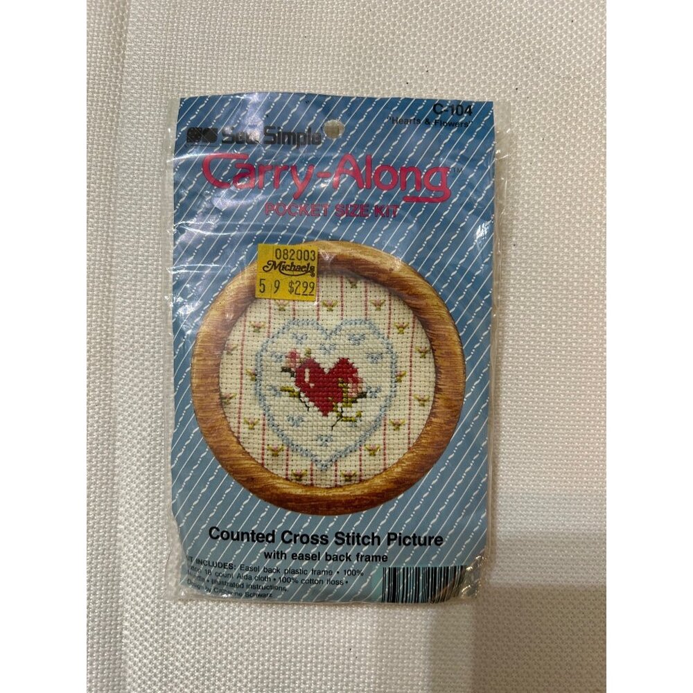 Bucilla Carry-Along Pocket Size Counted Cross Stitch Kit With Heart & Flowers